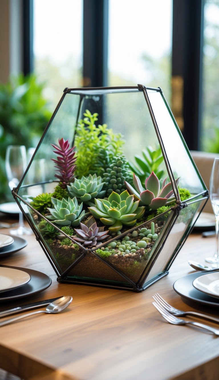 Succulent plants arranged inside a geometric glass terrarium placed on a dining table as a centerpiece.